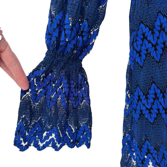 Free People NWT Simone Blue & Black Lace Long Flounce Sleeve Mini Dress - Picture 10 of 16